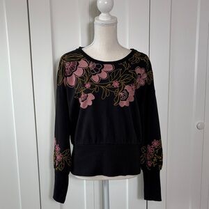 Anthropologie Floral Embroidered Black Sweater Medium